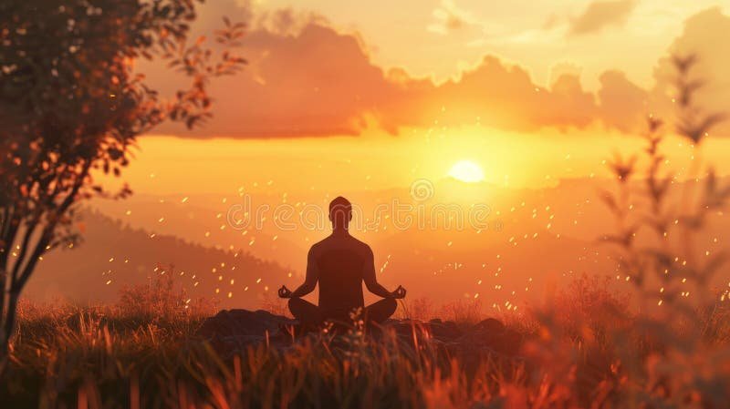 Man in Yoga Pose Meditating at Serene Sunset, Practicing Zen in ...