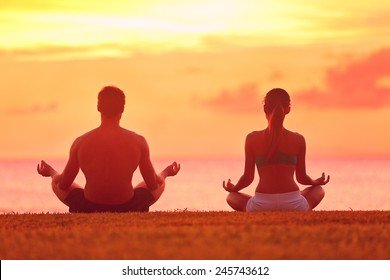 Meditation Yoga Couple Meditating Serene Beach Stock Photo ...